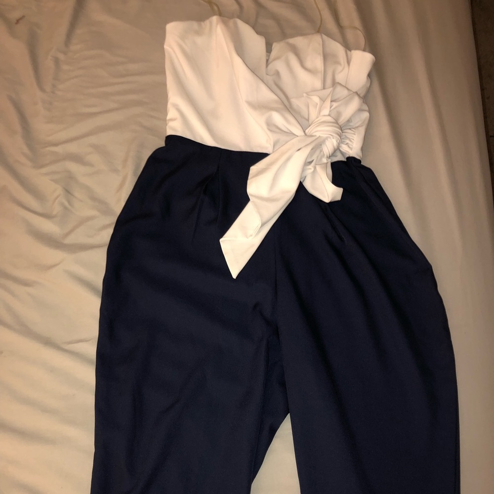 white and navy romper